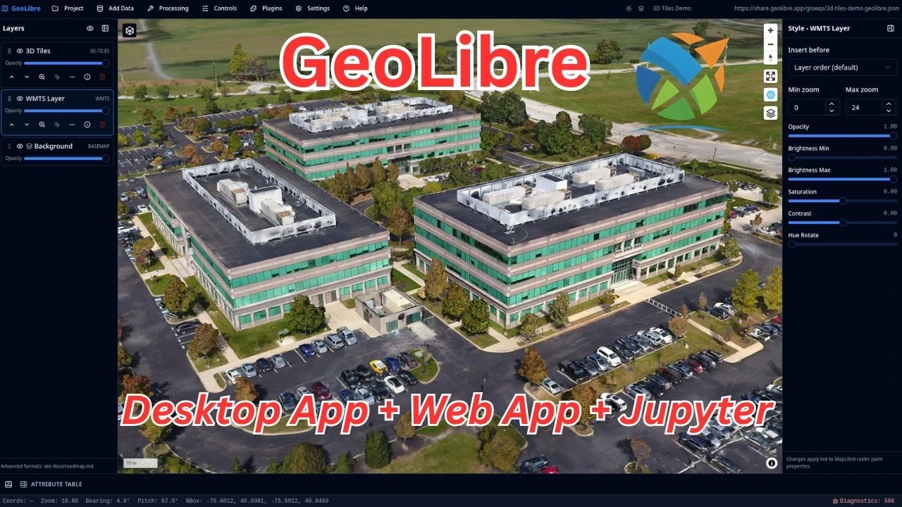 GeoLibre demo showing 3D Tiles rendered on a MapLibre map