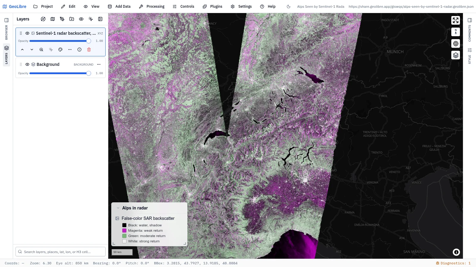 GeoLibre map: Alps seen by Sentinel-1 radar