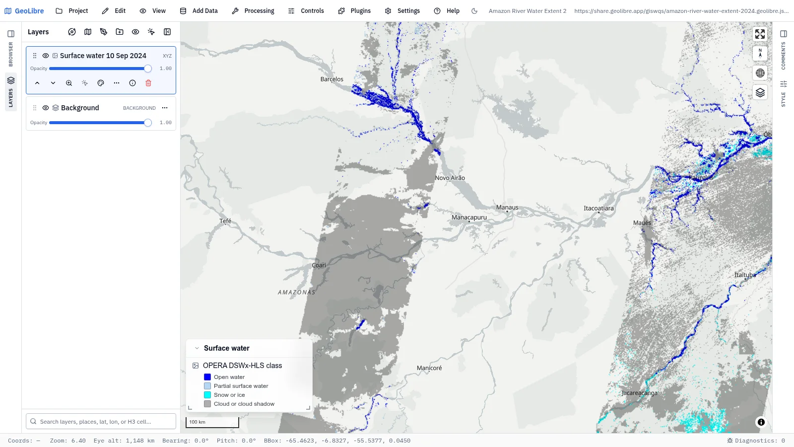 GeoLibre map: Amazon river water extent 2024