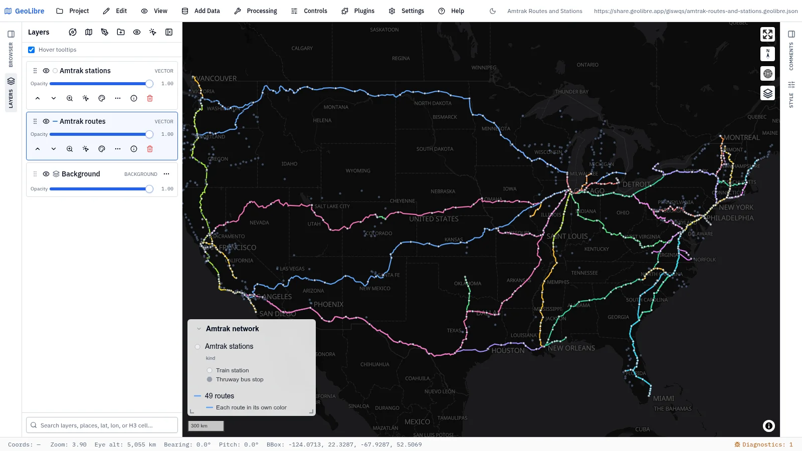 GeoLibre map: Amtrak routes and stations