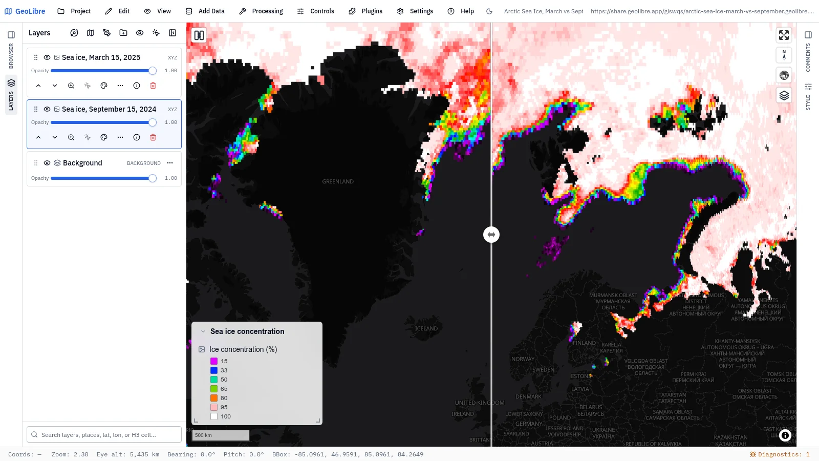 GeoLibre map: Arctic sea ice, March vs September