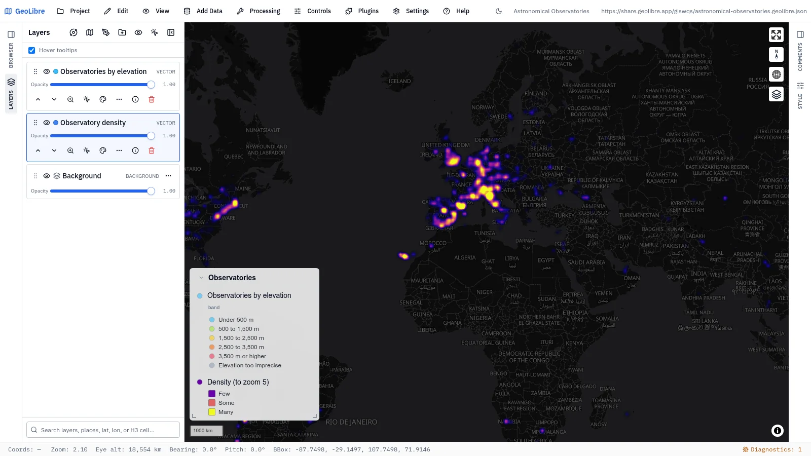GeoLibre map: Astronomical observatories
