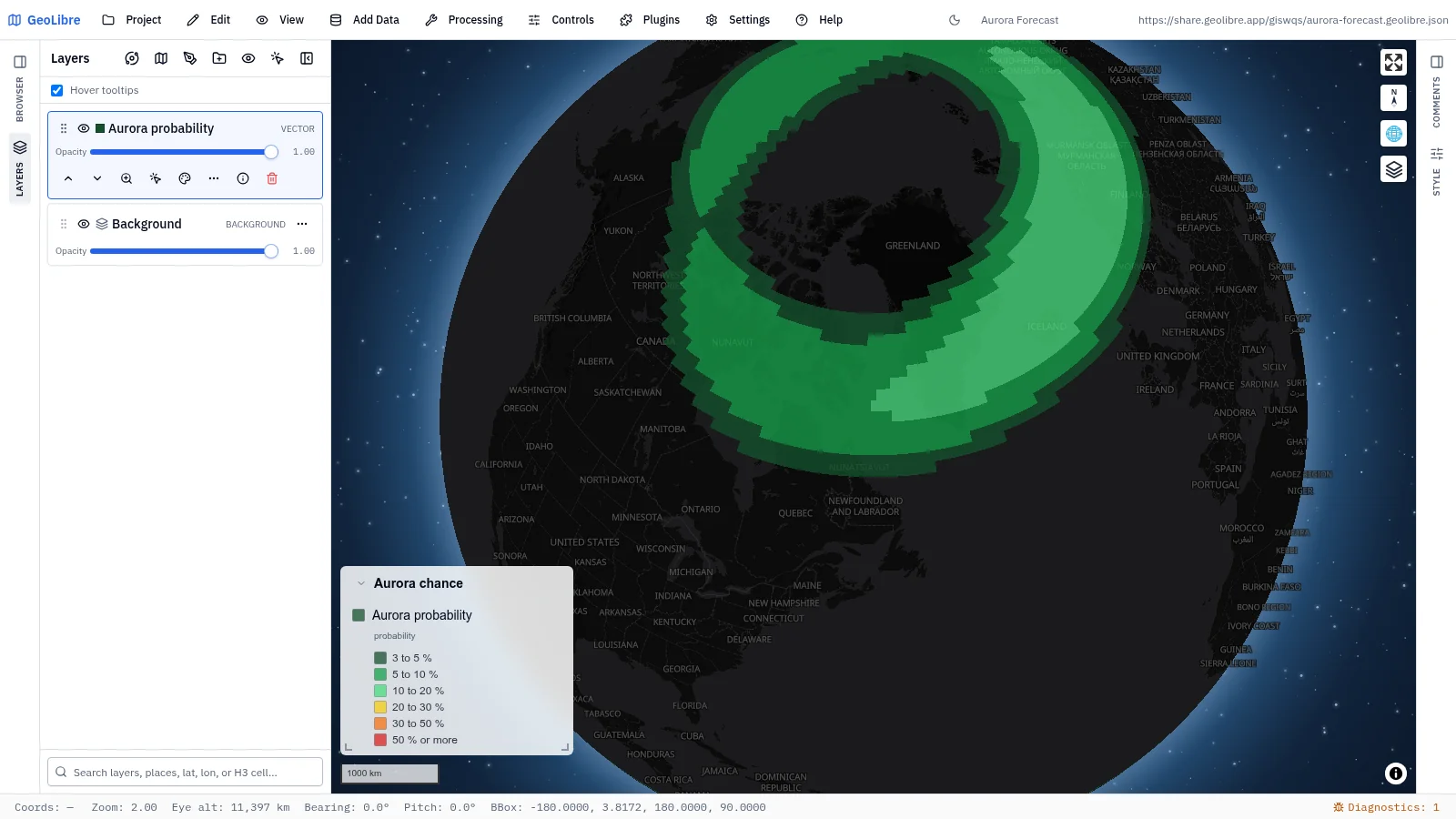 GeoLibre map: Aurora forecast