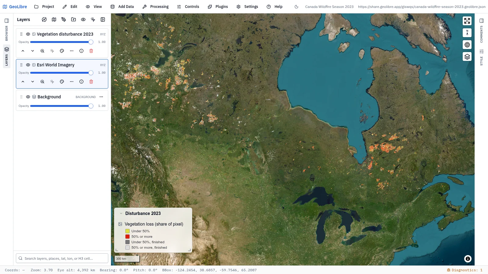 GeoLibre map: Canada wildfire season 2023