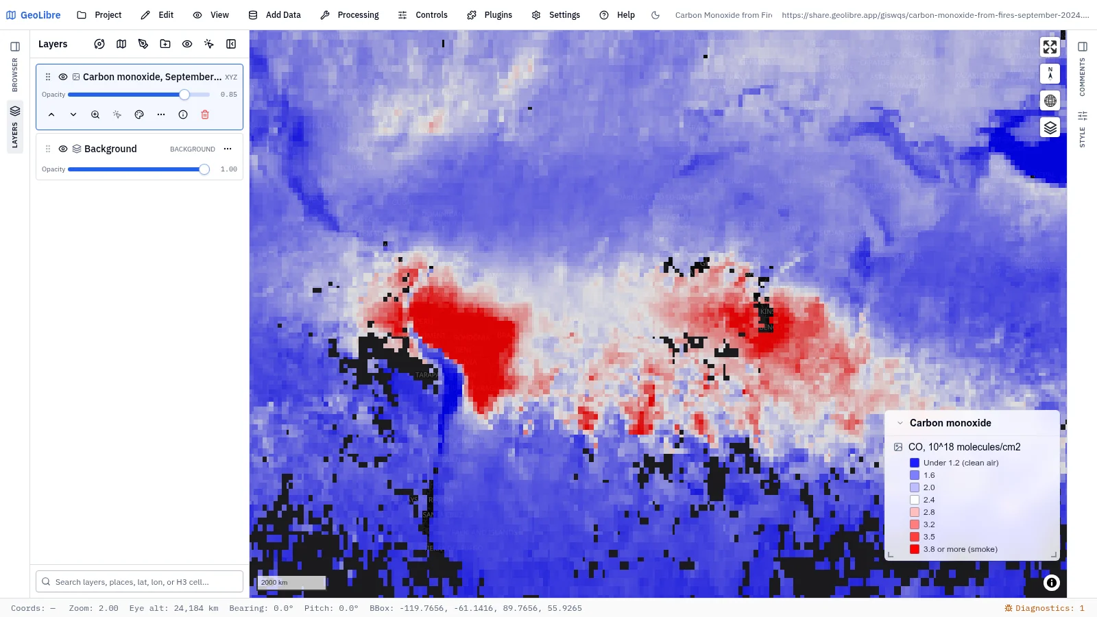 GeoLibre map: Carbon monoxide from fires