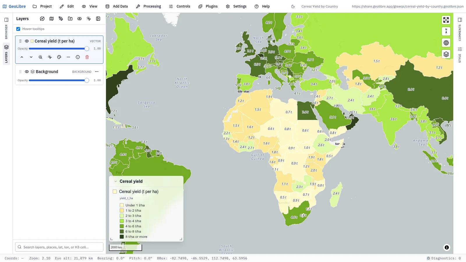 GeoLibre map: Cereal yield by country