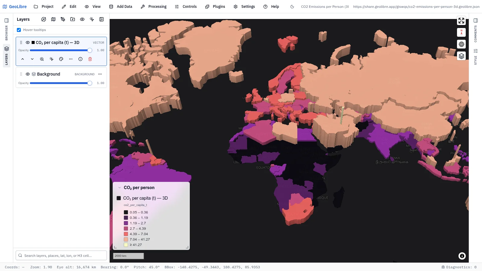 GeoLibre map: CO₂ emissions per person
