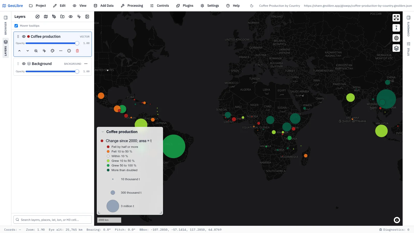GeoLibre map: Coffee production by country