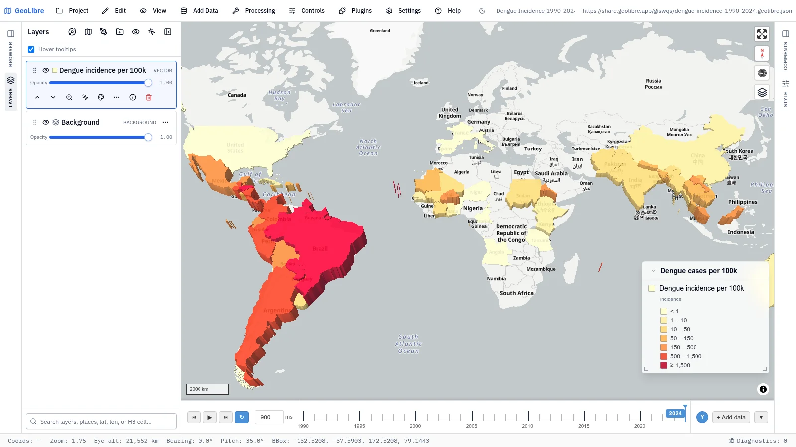 GeoLibre map: Dengue incidence, 1990–2024