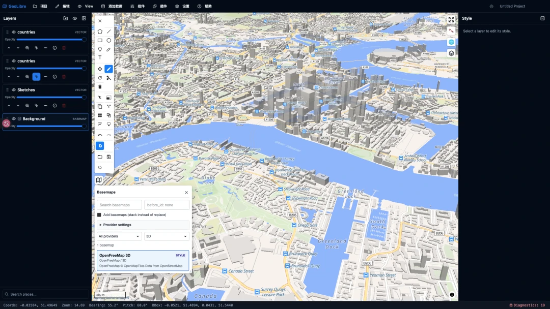 OpenFreeMap 3D basemap with drawing tools