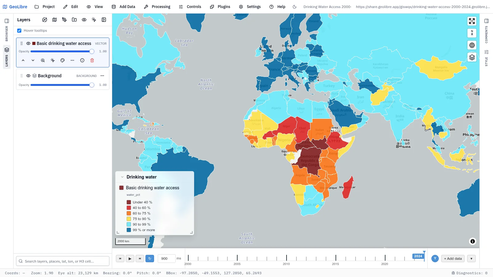 GeoLibre map: Drinking water access, 2000–2024