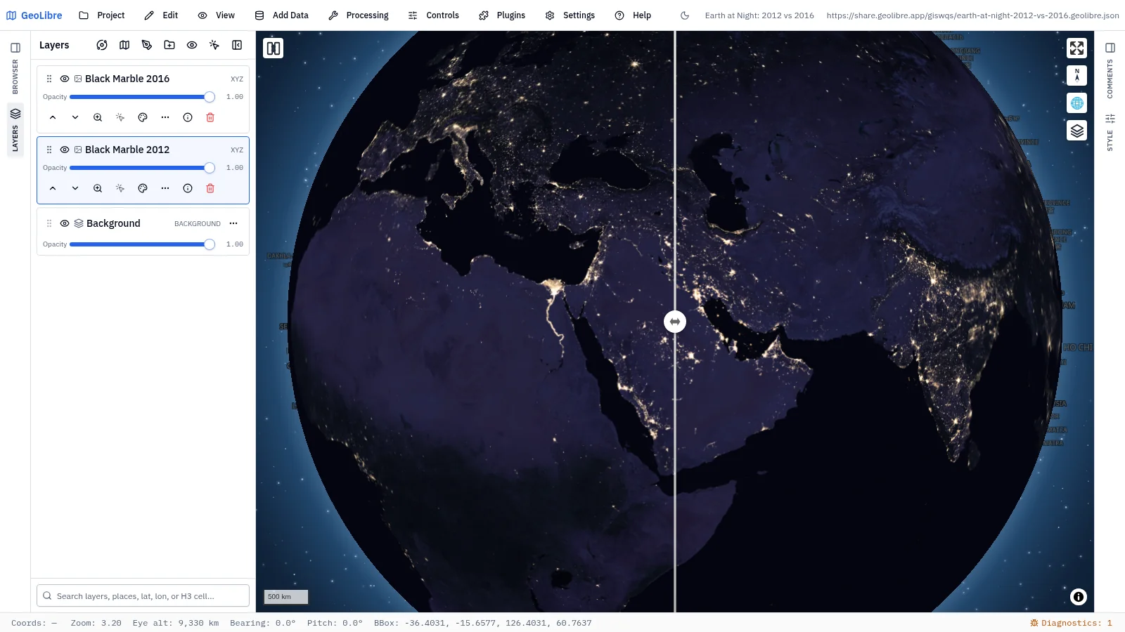 GeoLibre map: Earth at night, 2012 vs 2016