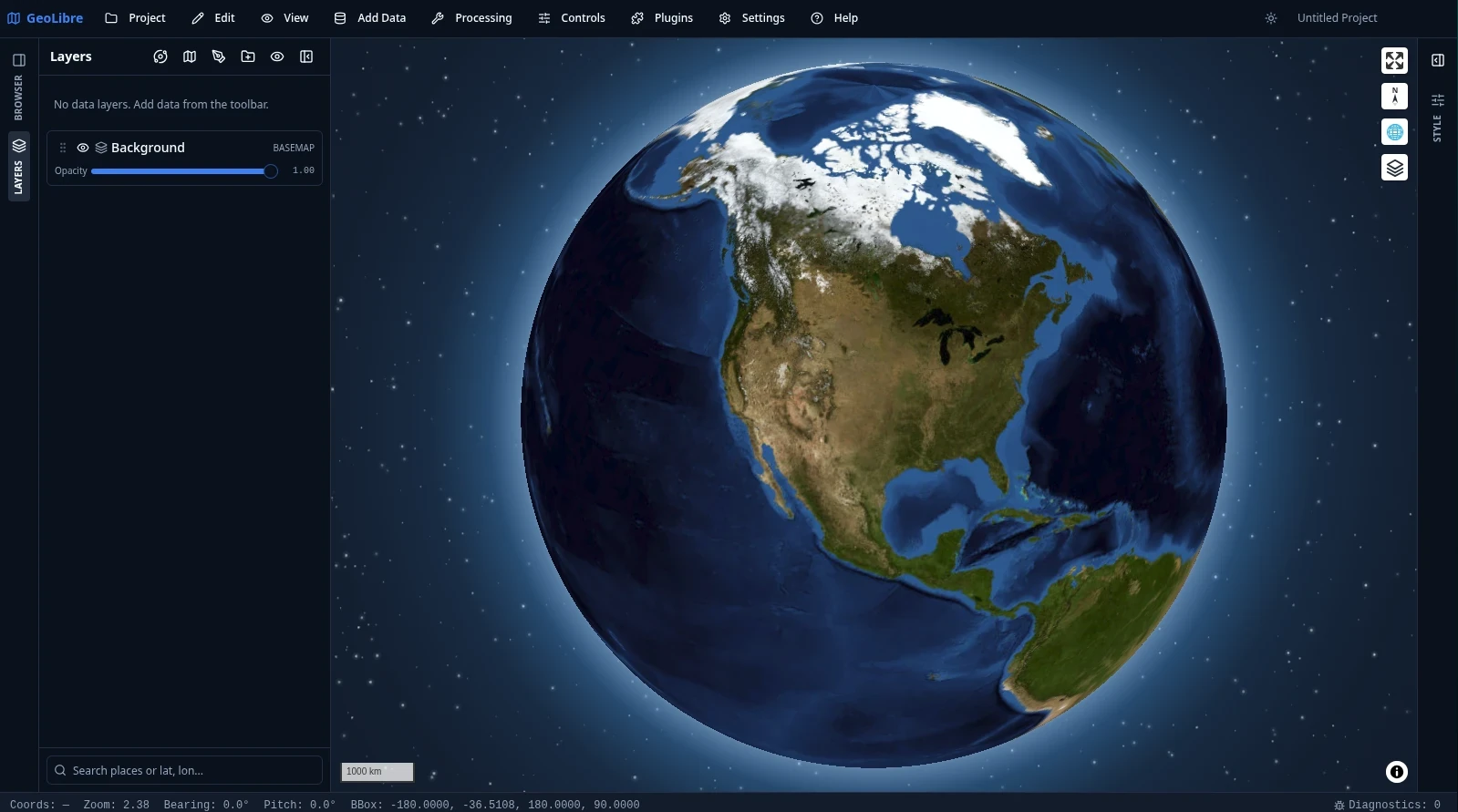 Cesium view mode showing the 3D globe; the same layer panel is on the left