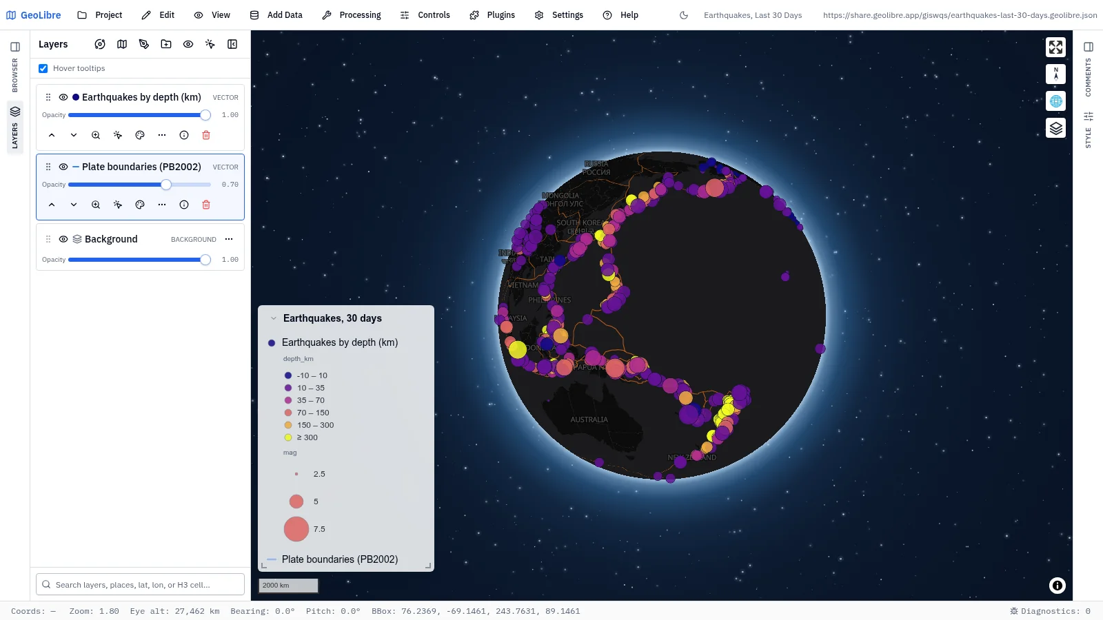 GeoLibre map: Earthquakes, last 30 days