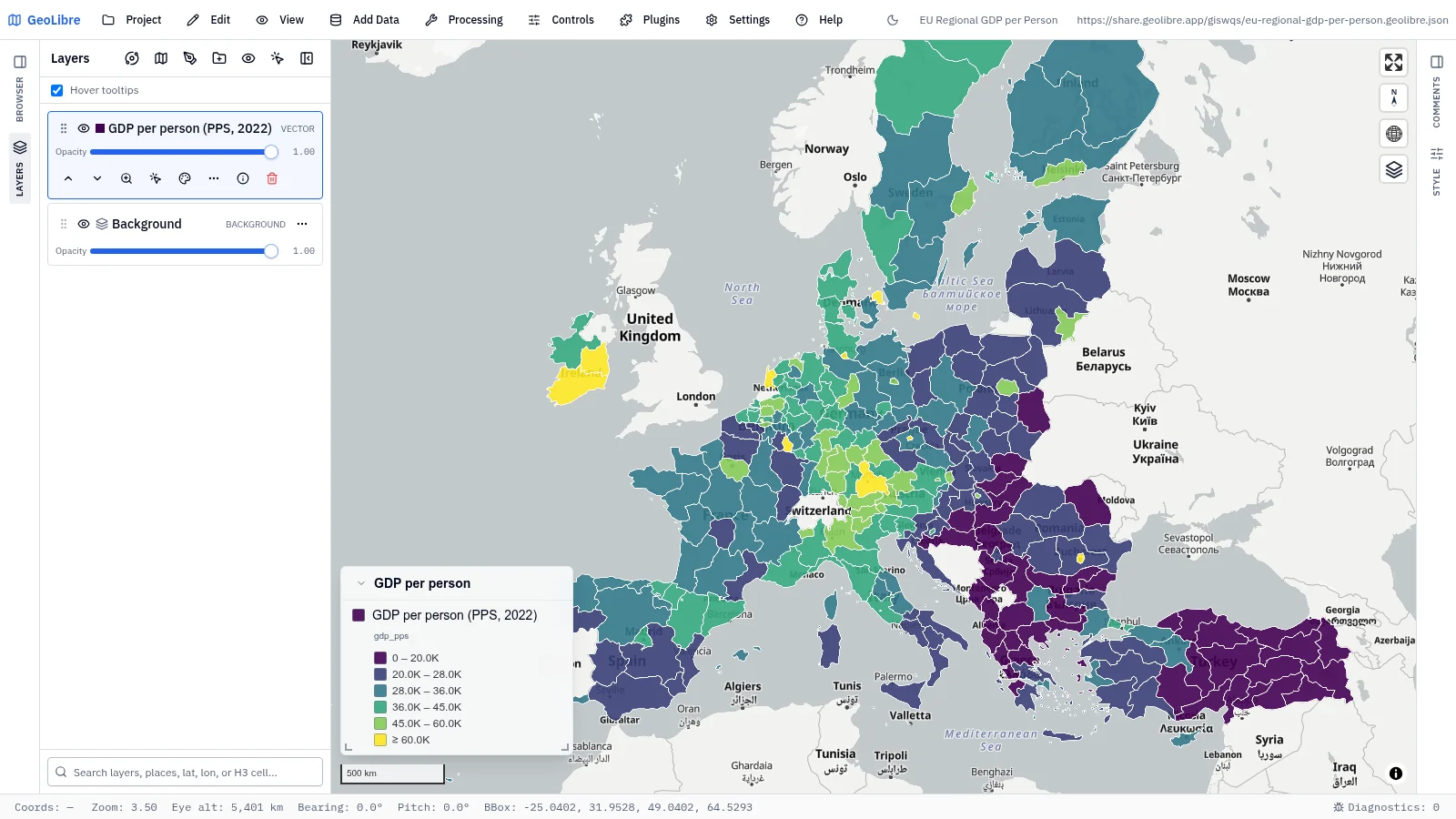 GeoLibre map: EU regional GDP per person