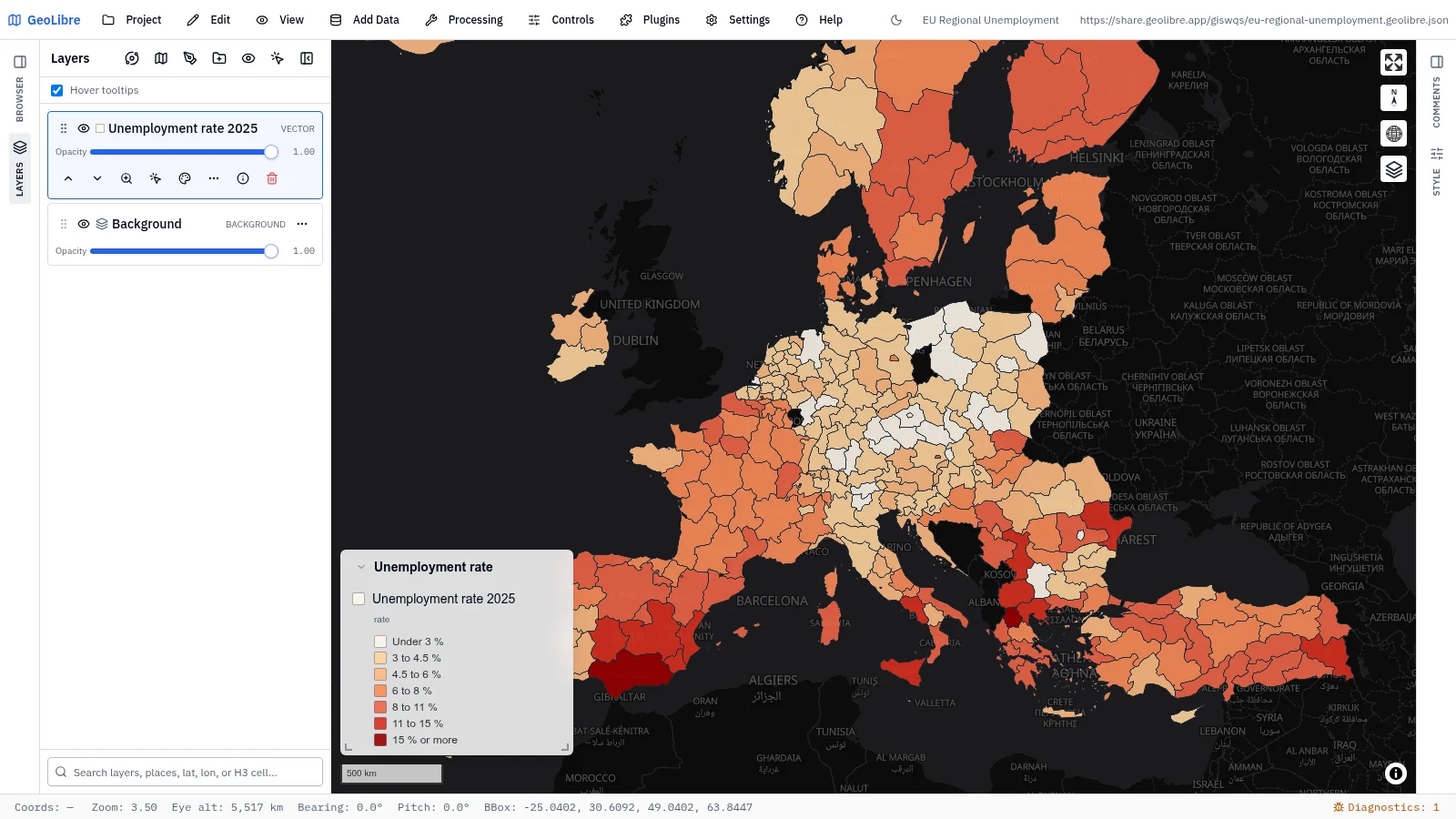 GeoLibre map: EU regional unemployment