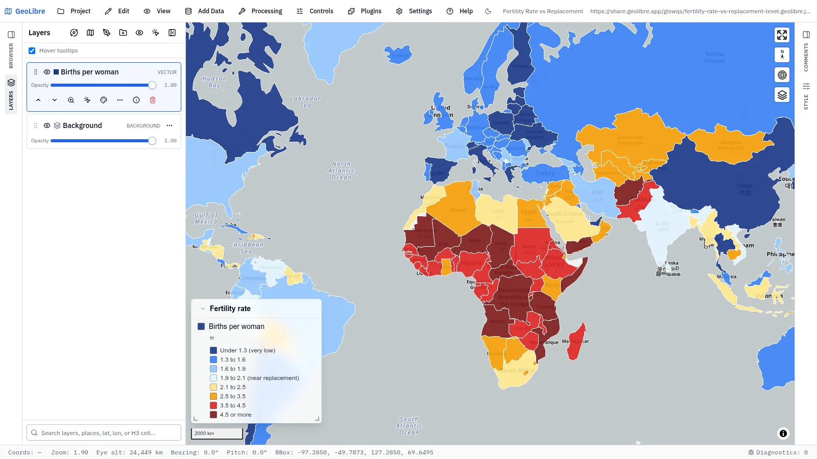 GeoLibre map: Fertility rate vs replacement level