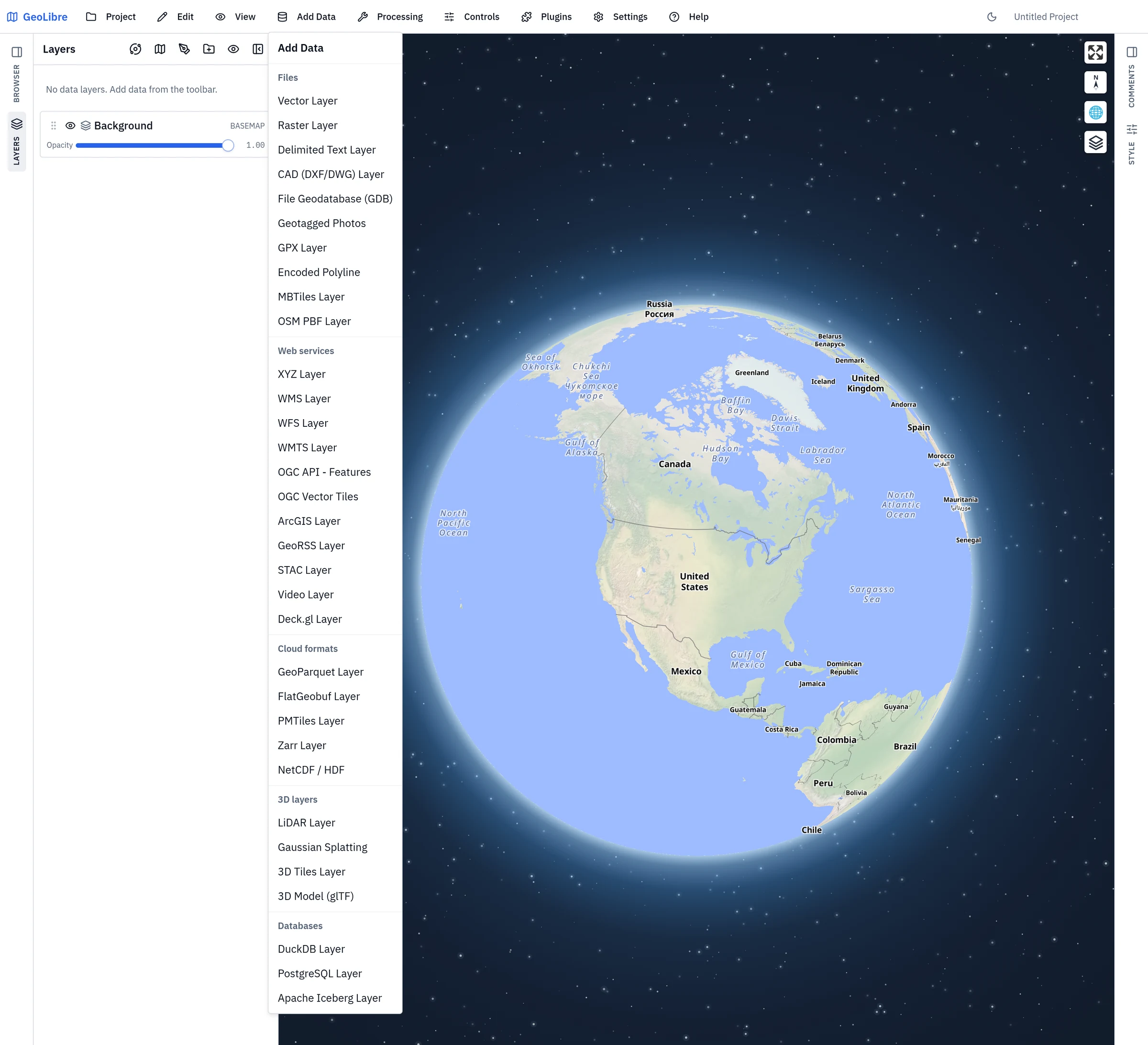 The Add Data menu, grouped into Files, Web services, Cloud formats, 3D layers, and Databases