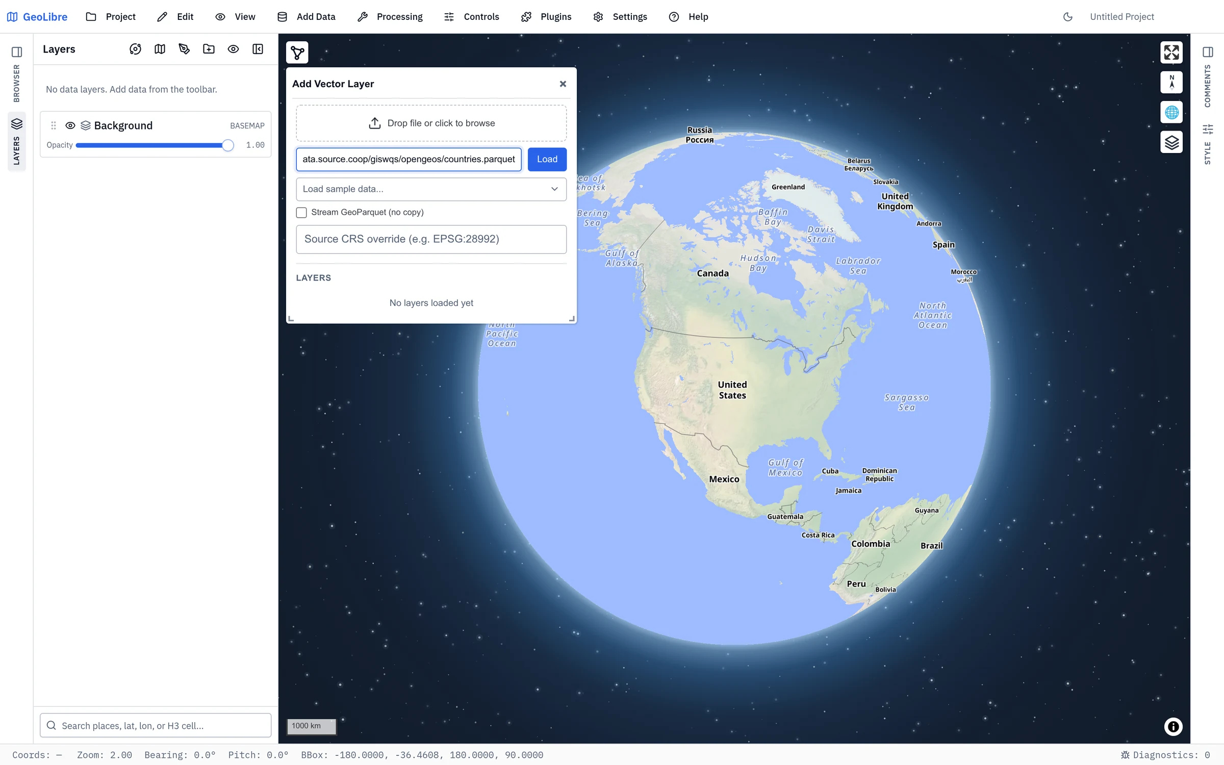 The Add Vector Layer panel with the sample URL ready to load