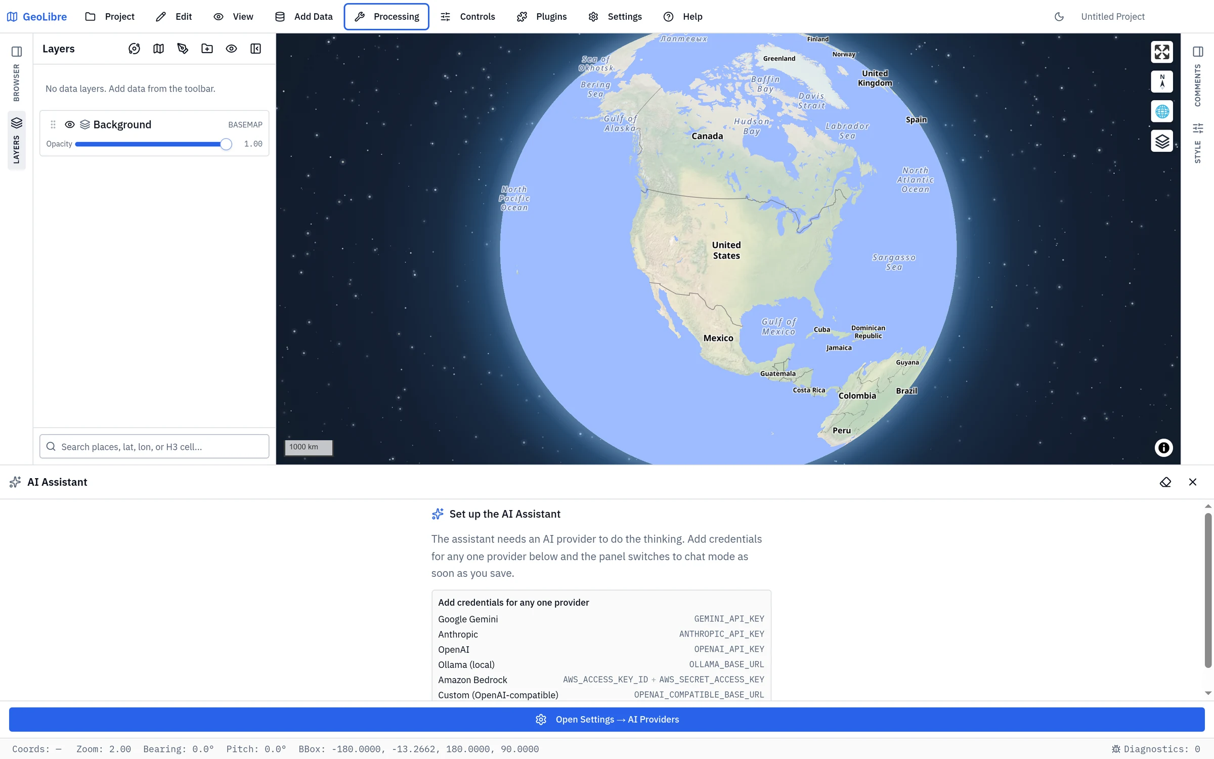The AI Assistant panel before setup, listing the providers it accepts credentials for