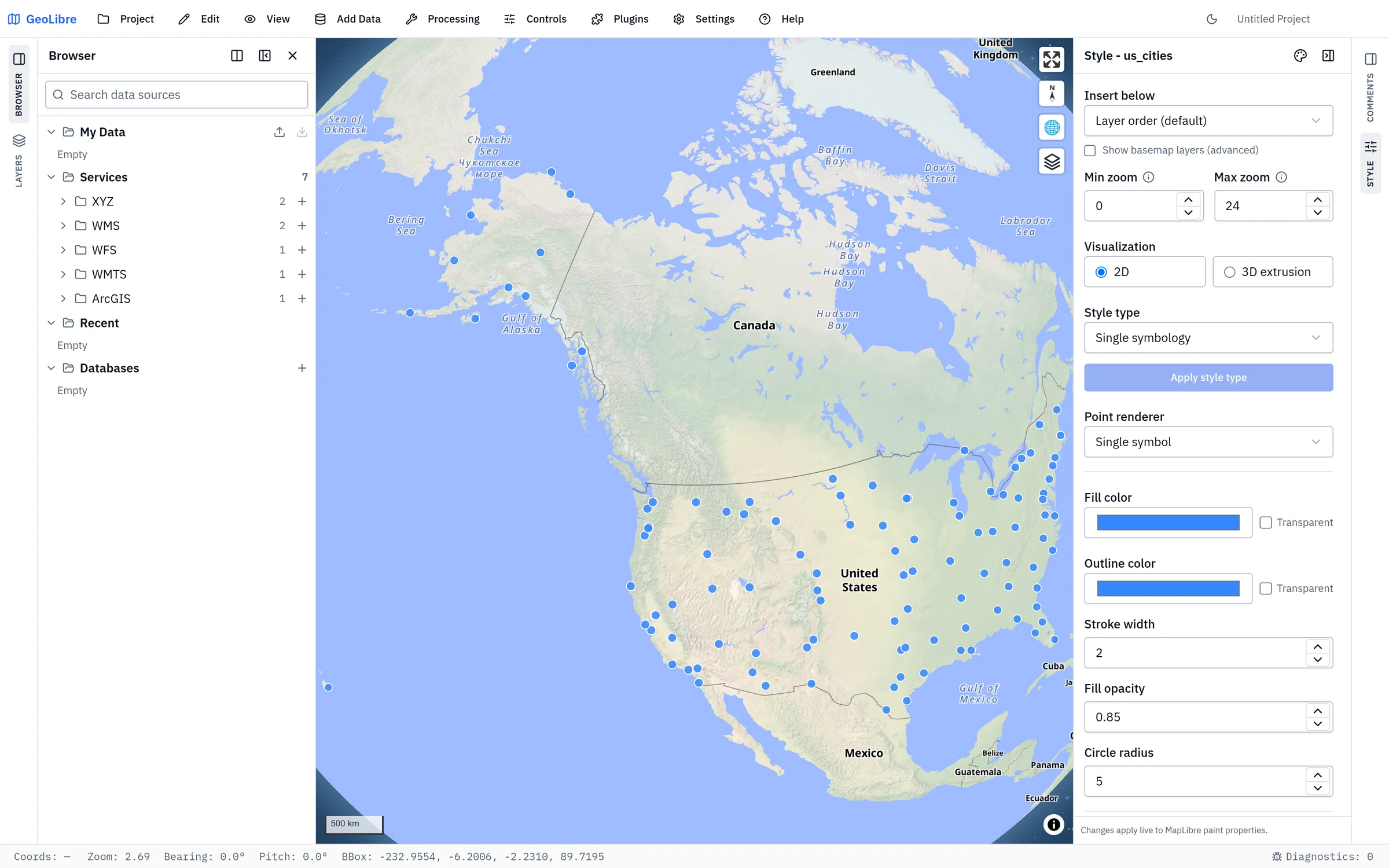 The Browser panel, with My Data, Services, Recent, and Databases sections