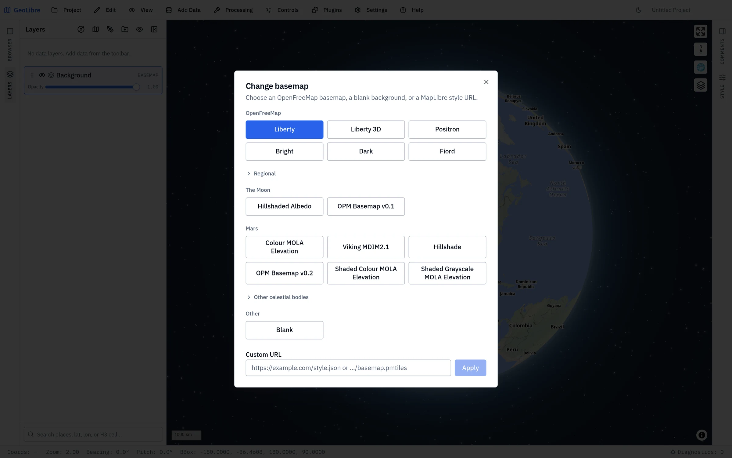 The Change basemap dialog, with OpenFreeMap styles at the top and Moon, Mars, and other celestial-body sections below