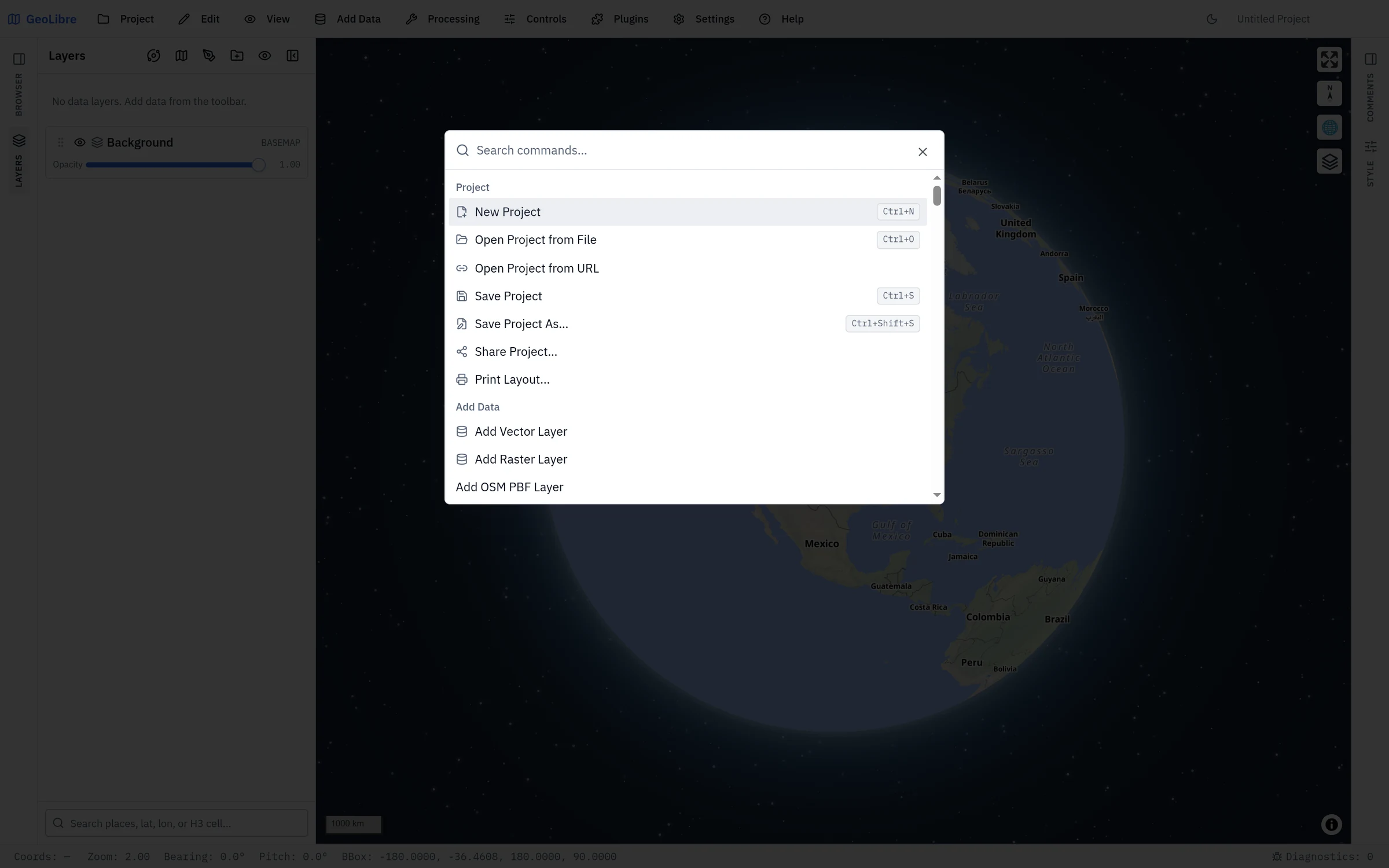 The command palette, listing every Add Data source, Processing tool, control, and plugin in one searchable list