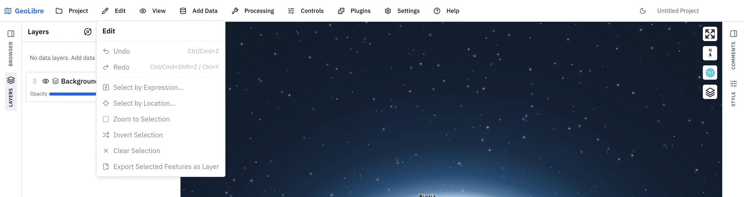 The Edit menu: undo and redo above the selection tools