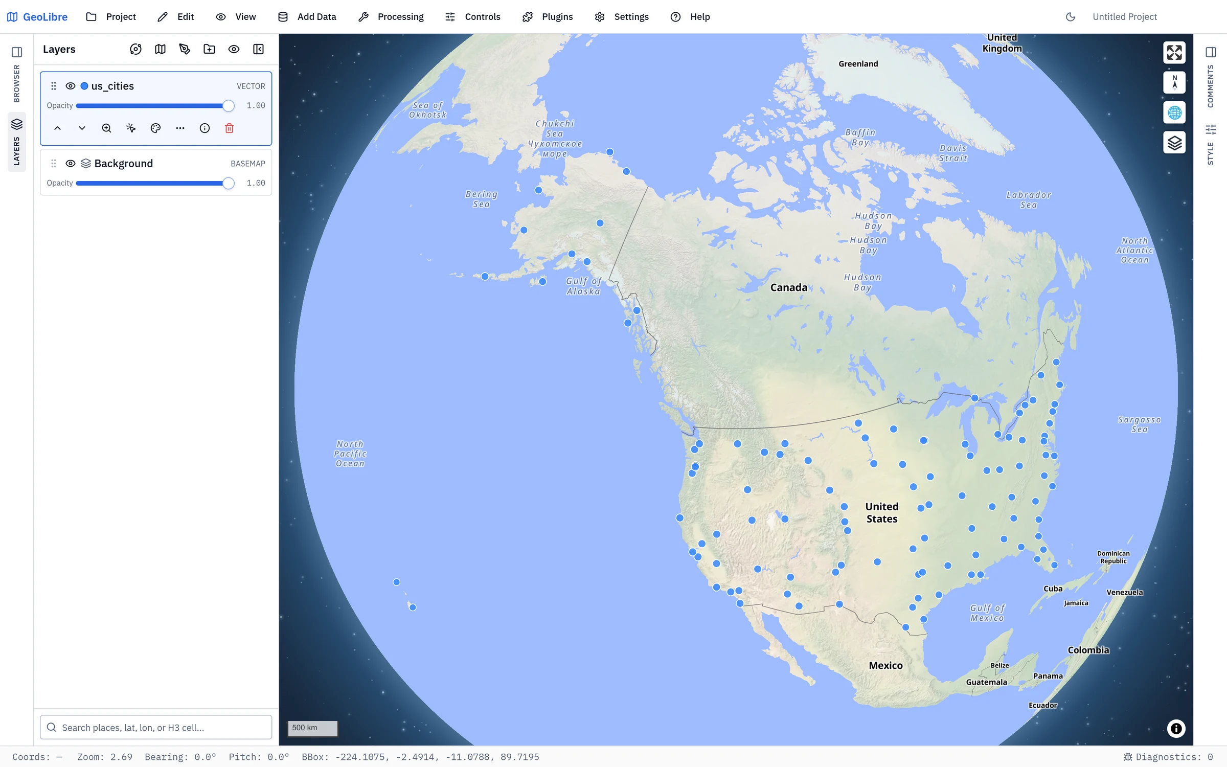 GeoLibre interface overview: the Layers panel on the left, the map in the centre, the Style panel on the right, and the status bar along the bottom