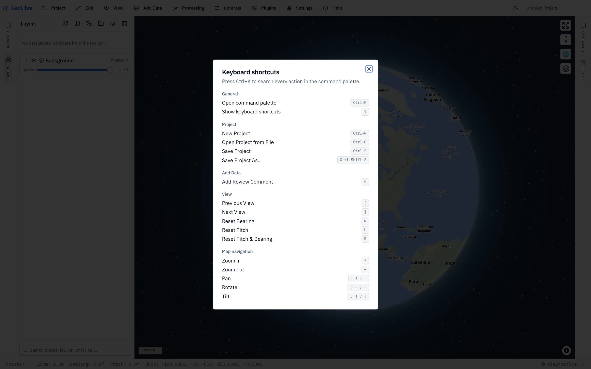 The keyboard shortcuts cheat sheet, grouped by General, Project, Add Data, View, and Map navigation
