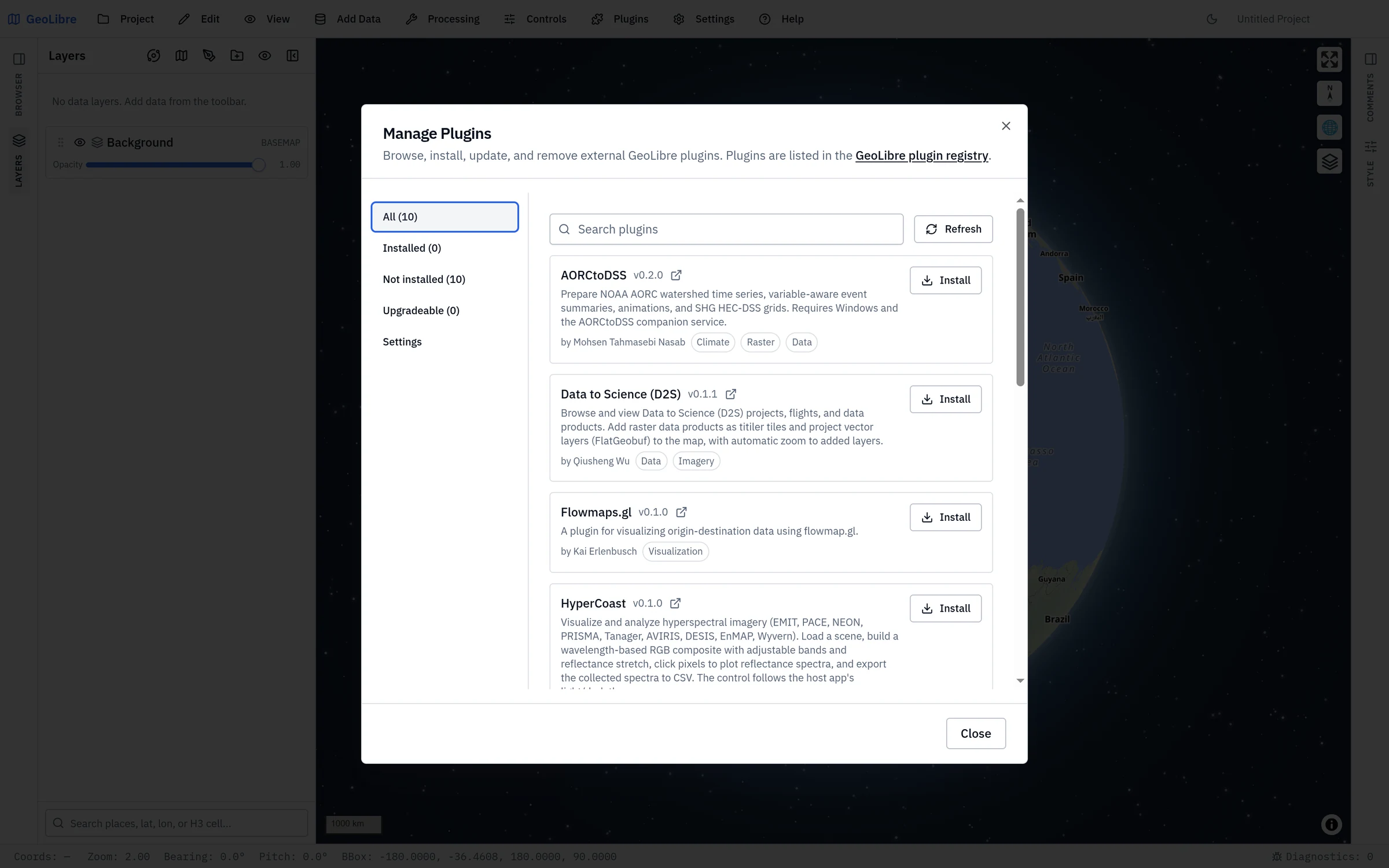 The Manage Plugins dialog, listing the curated registry with Install buttons