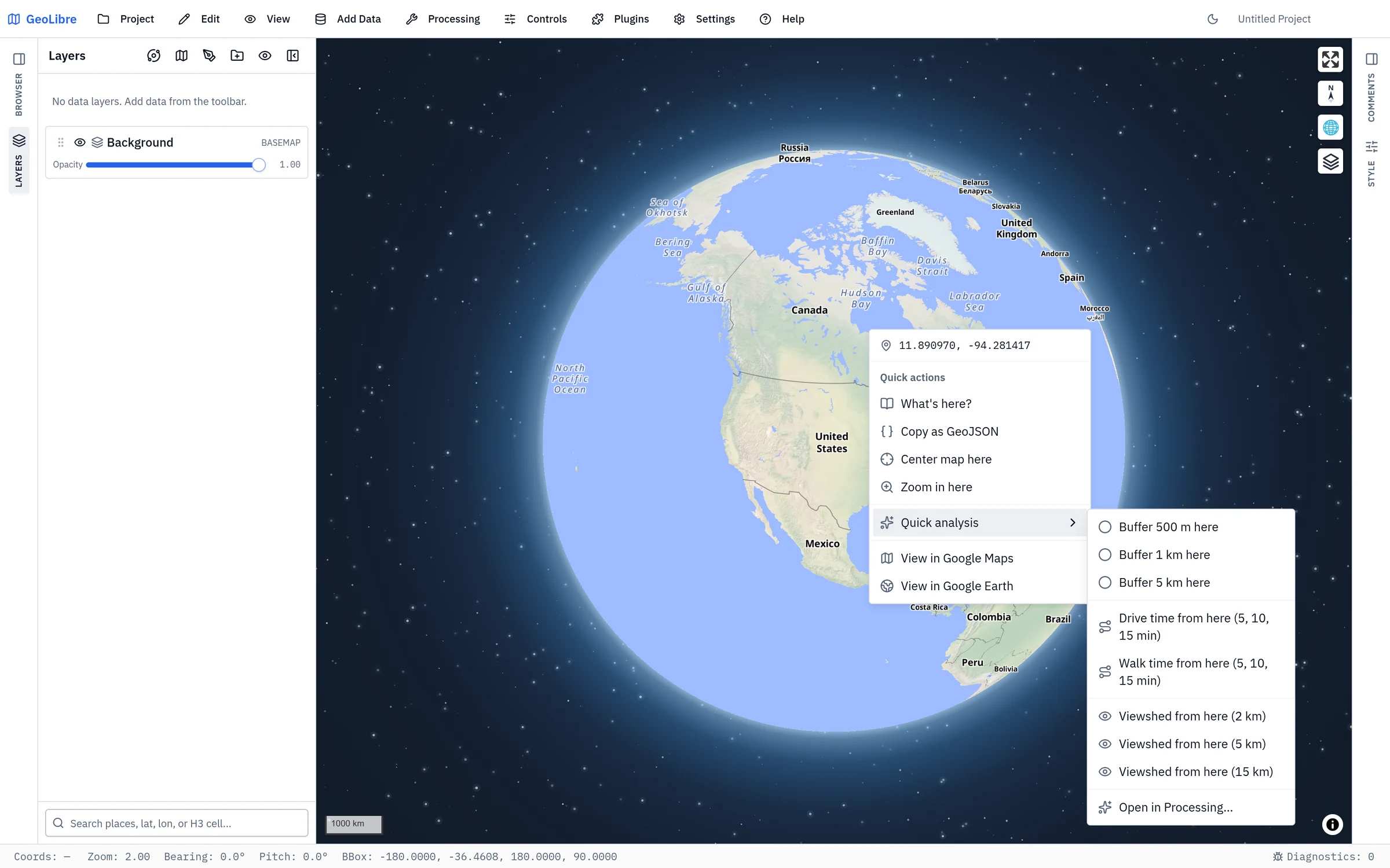 The map's right-click menu, with the Quick analysis submenu open on its buffer, drive-time, walk-time, and viewshed presets