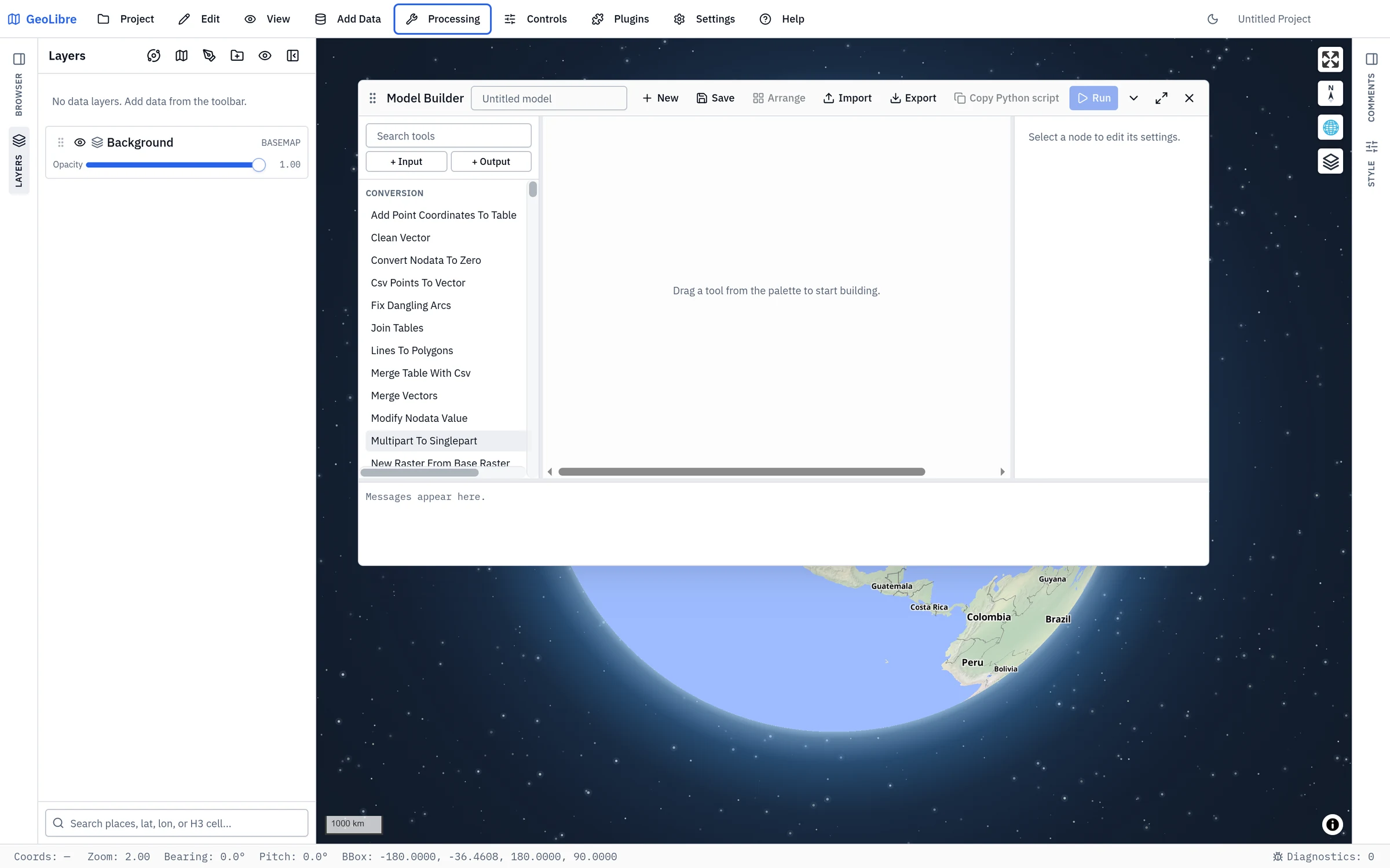 The Model Builder canvas, with the tool palette on the left, the graph in the middle, and the selected node's settings on the right