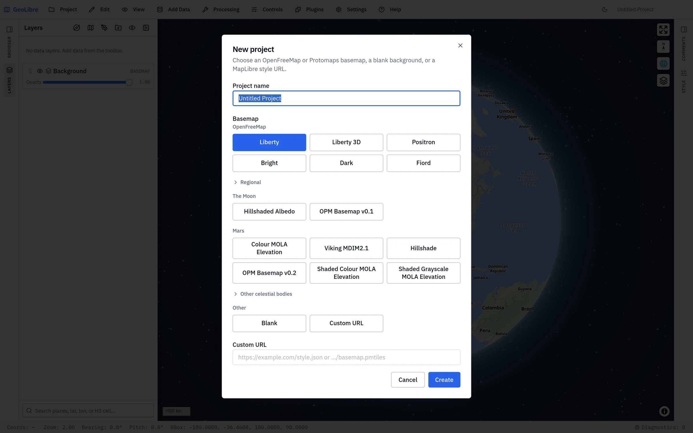The New project dialog, with a project name field and the basemap gallery