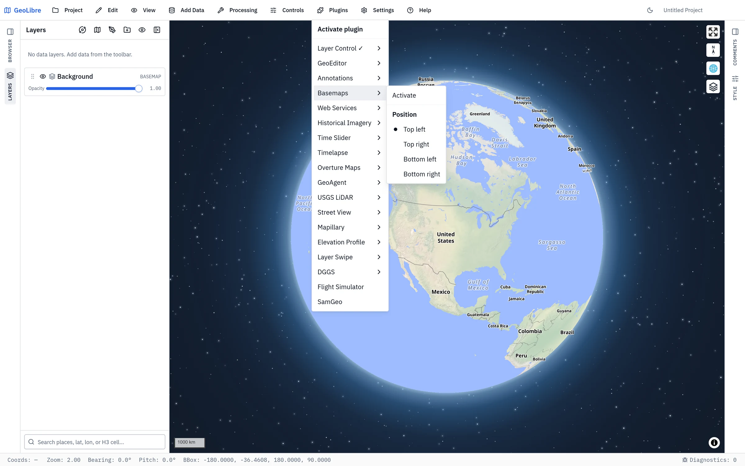 A plugin submenu, with Activate above the four map-corner positions