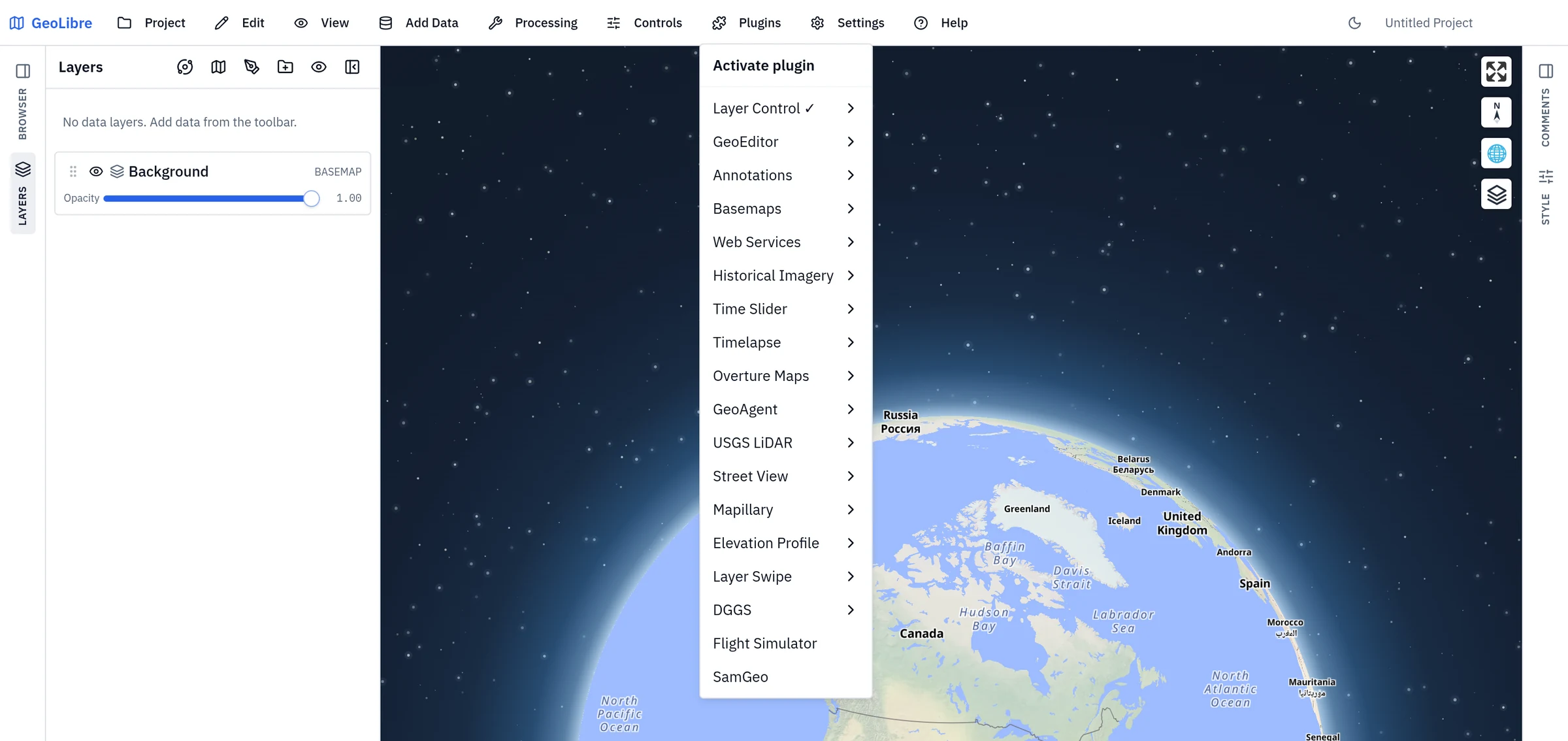 The Plugins menu, listing every built-in plugin under Activate plugin