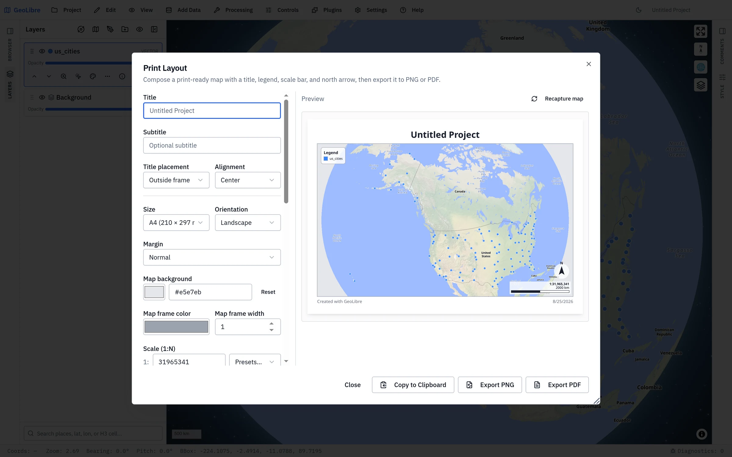 The Print Layout composer, with the page settings on the left and a live preview on the right