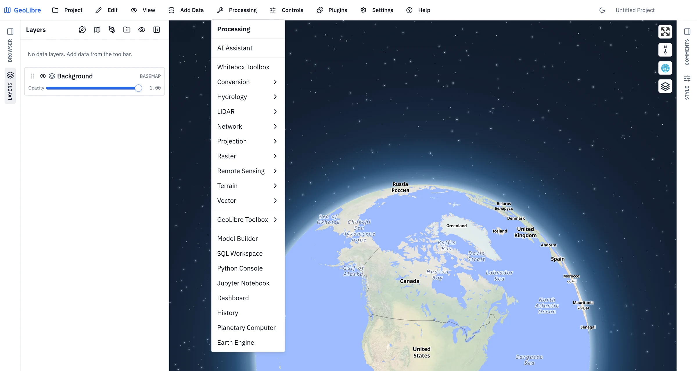 The Processing menu, with the Whitebox categories above the separator and the GeoLibre Toolbox below it