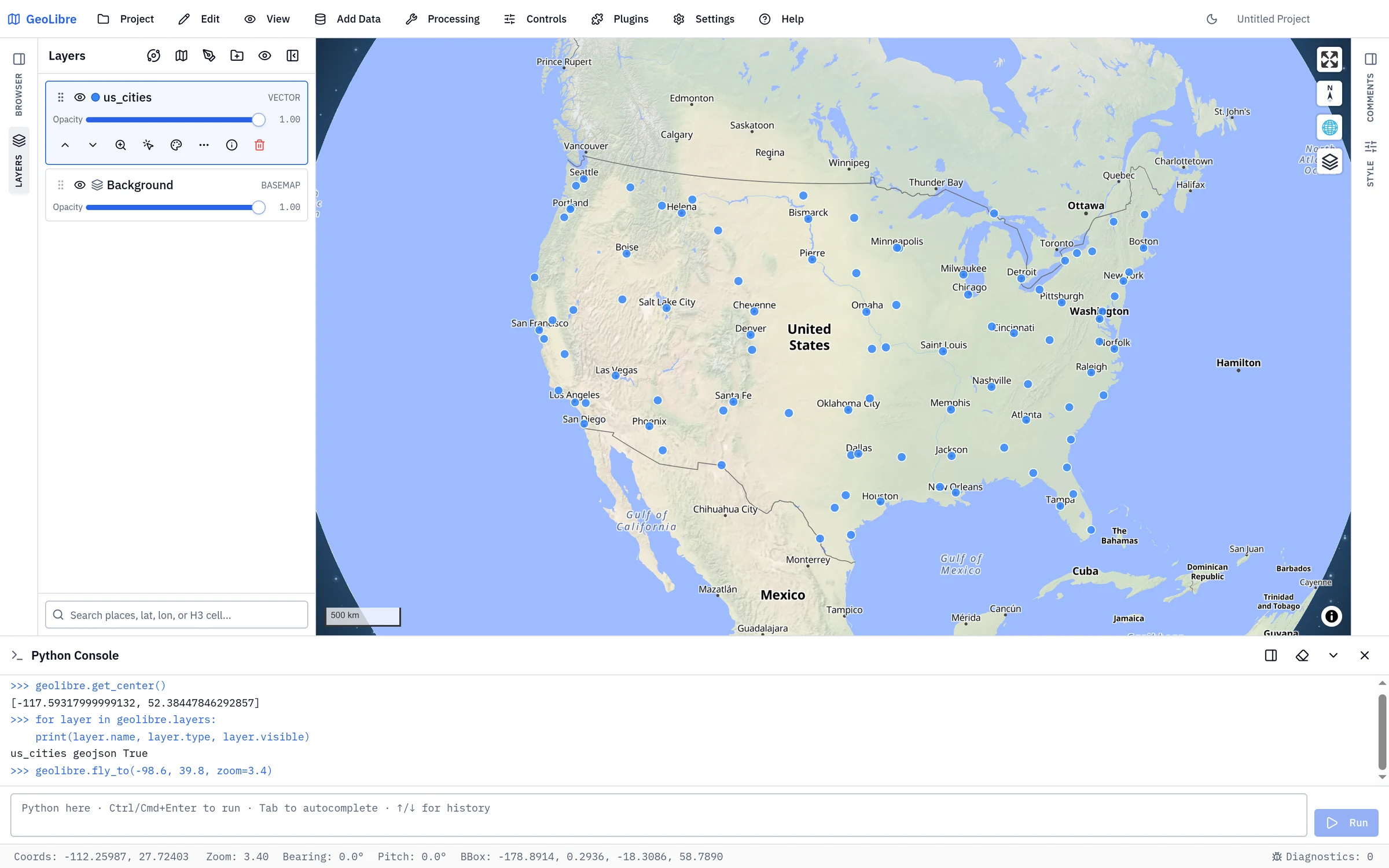The Python Console docked below the map, with geolibre calls driving the live map above it