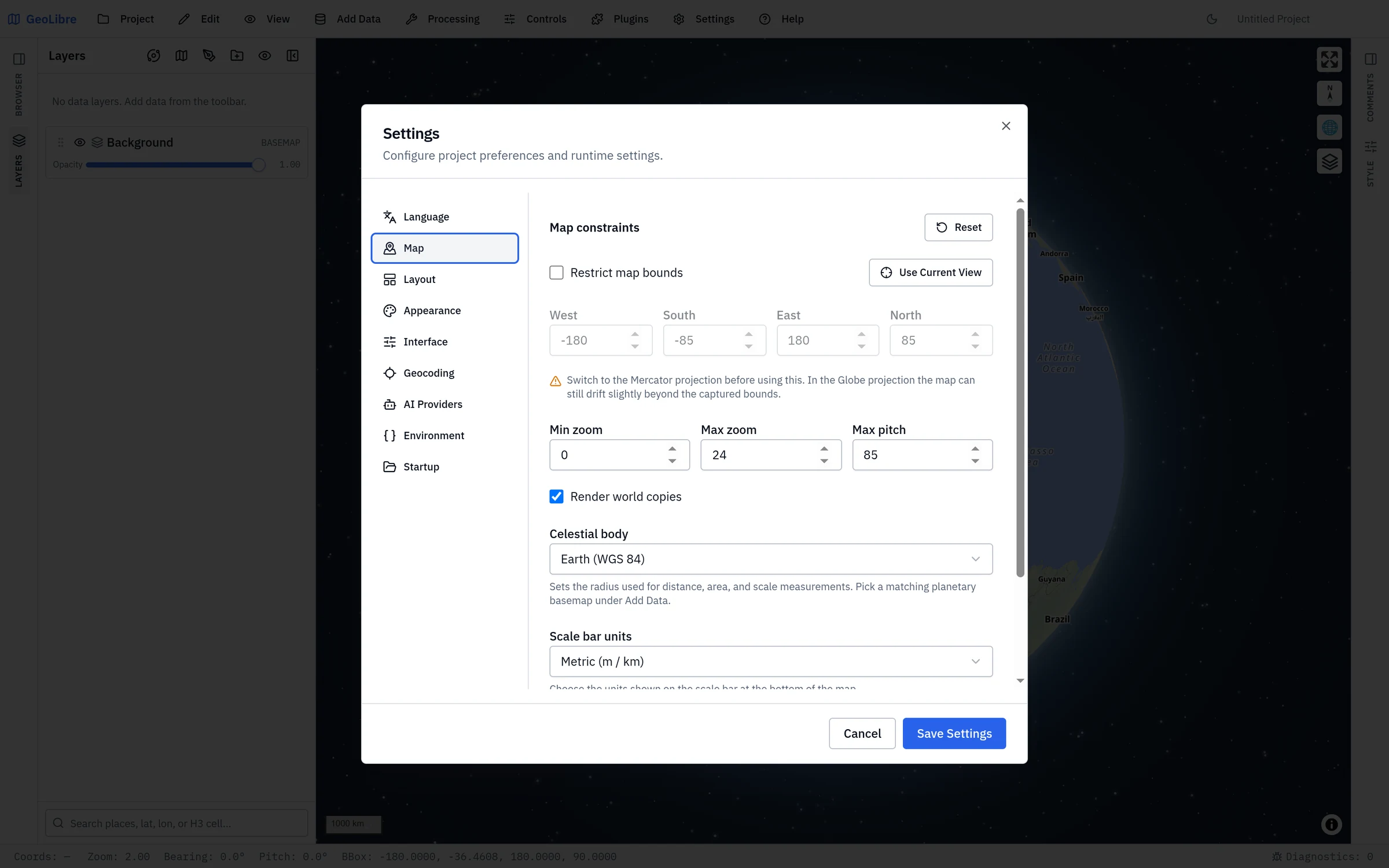 The Settings dialog, open on Map Preferences