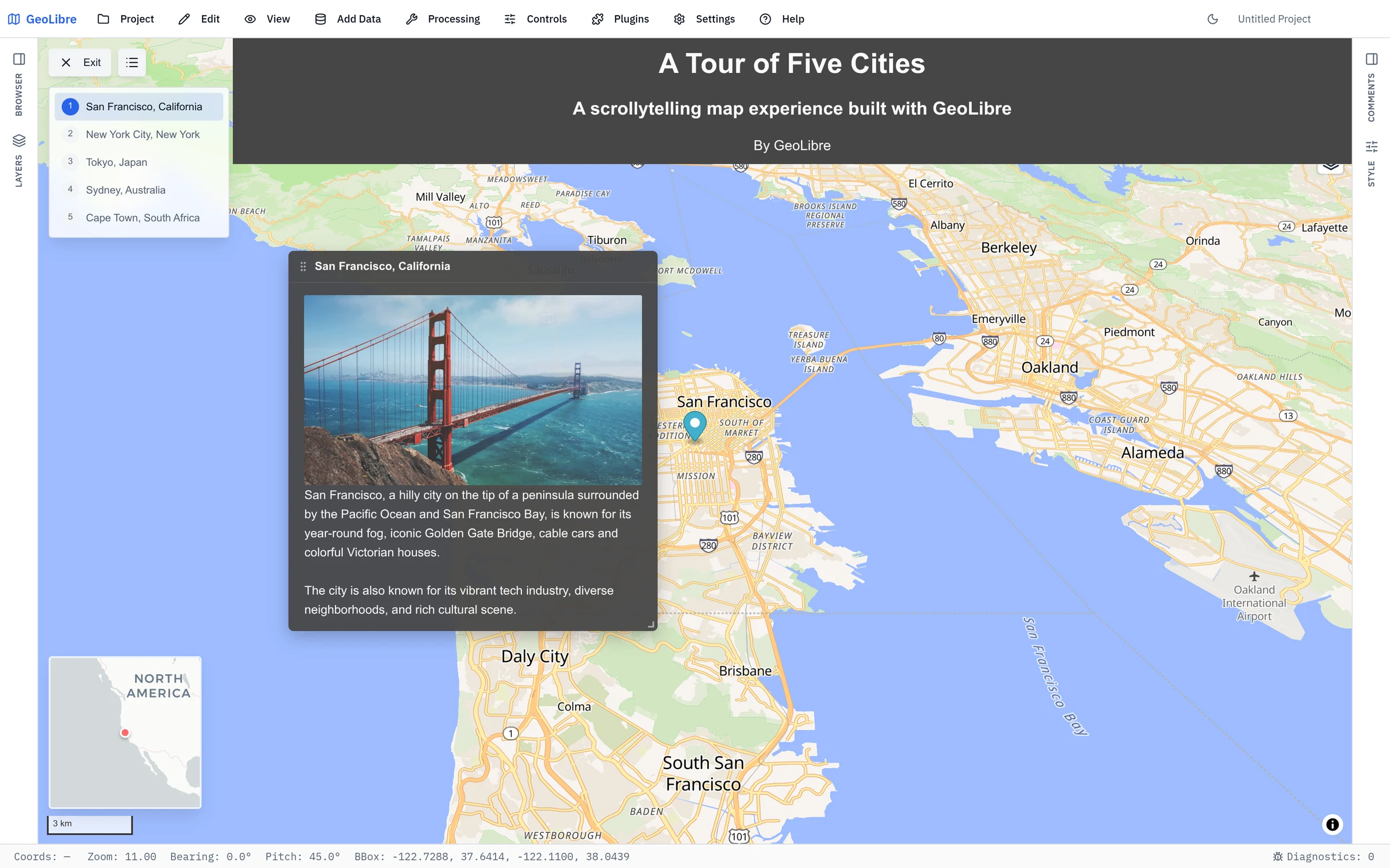 A story map in presentation mode, with the chapter navigation pane, a chapter card, and the inset minimap over the live map
