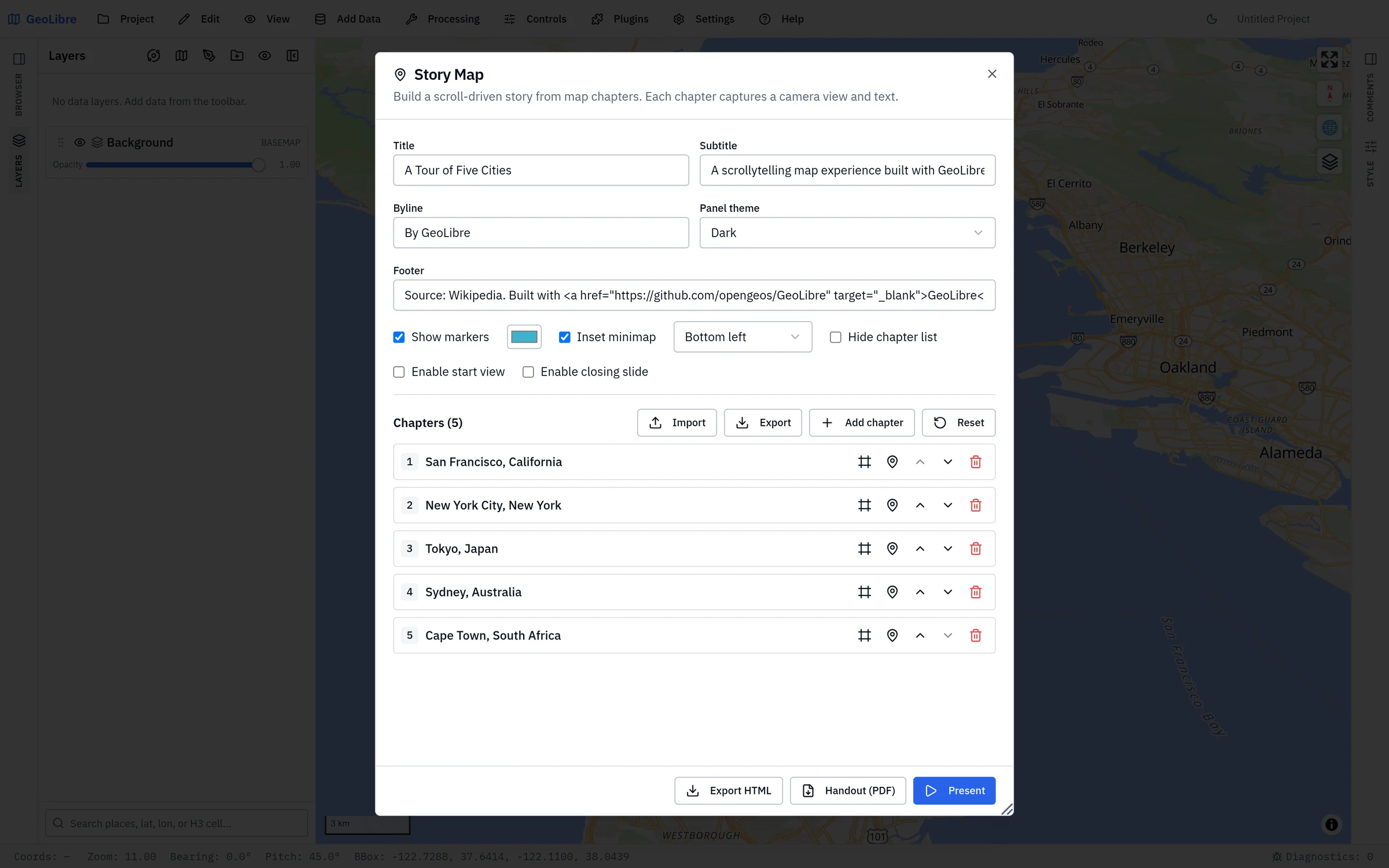 The Story Map builder, with the story settings above and the chapter list below