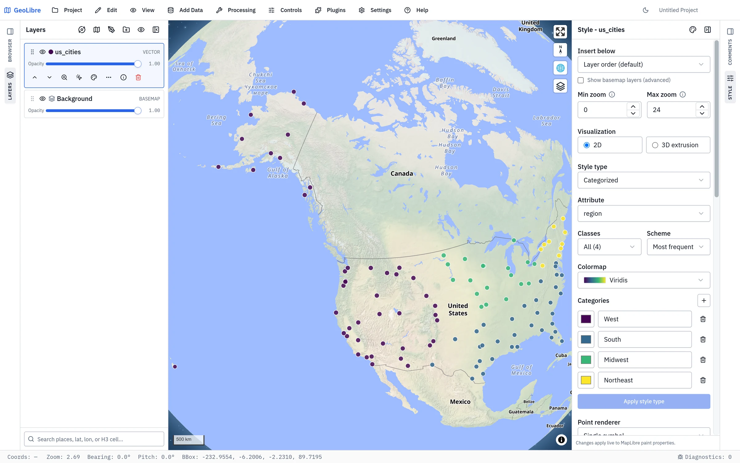 The Style panel with a categorized style: an attribute, a colormap, and one colour per category