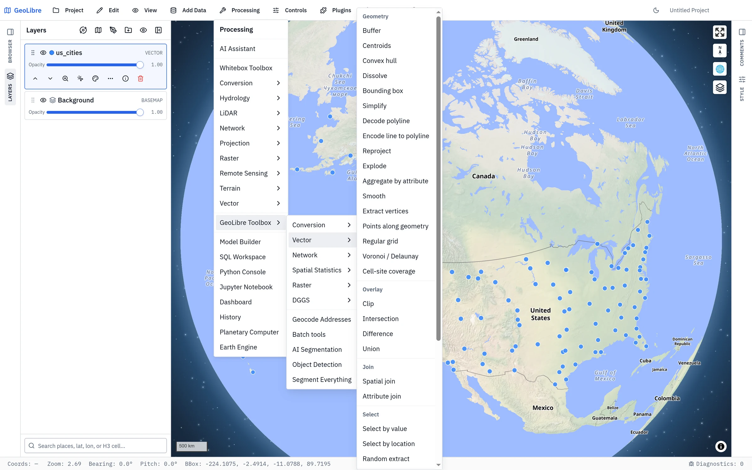 The Processing menu with GeoLibre Toolbox → Vector open on its Geometry, Overlay, Join, and Select groups