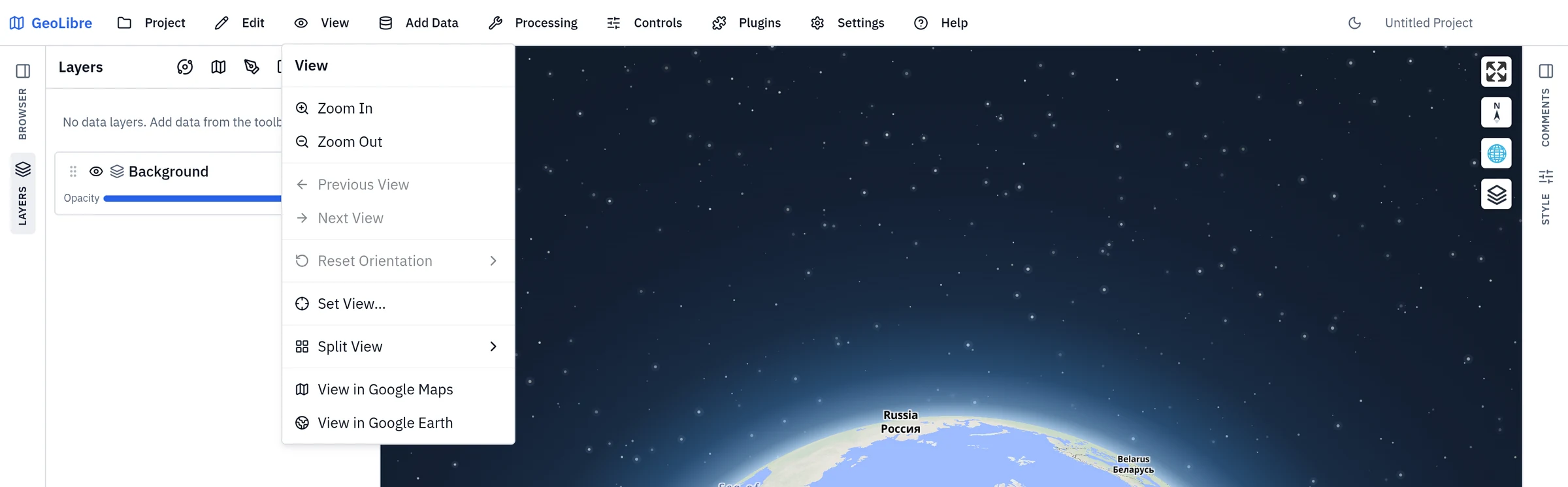 The View menu: zoom, viewport history, Set View, Split View, and the external-map actions