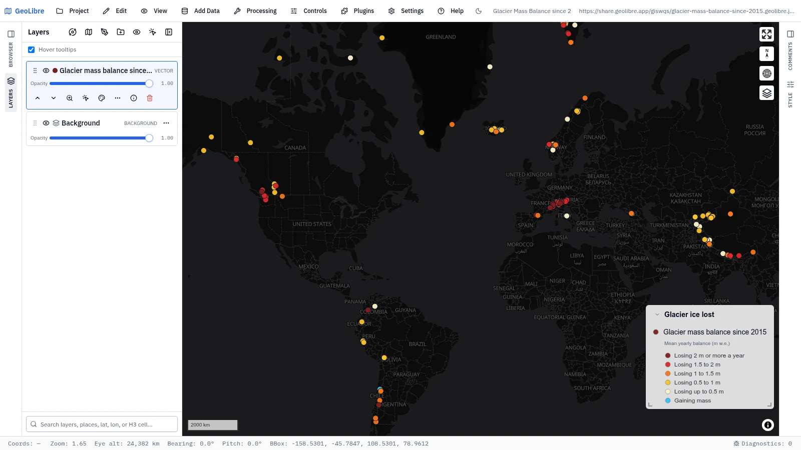 GeoLibre map: Glacier mass balance since 2015