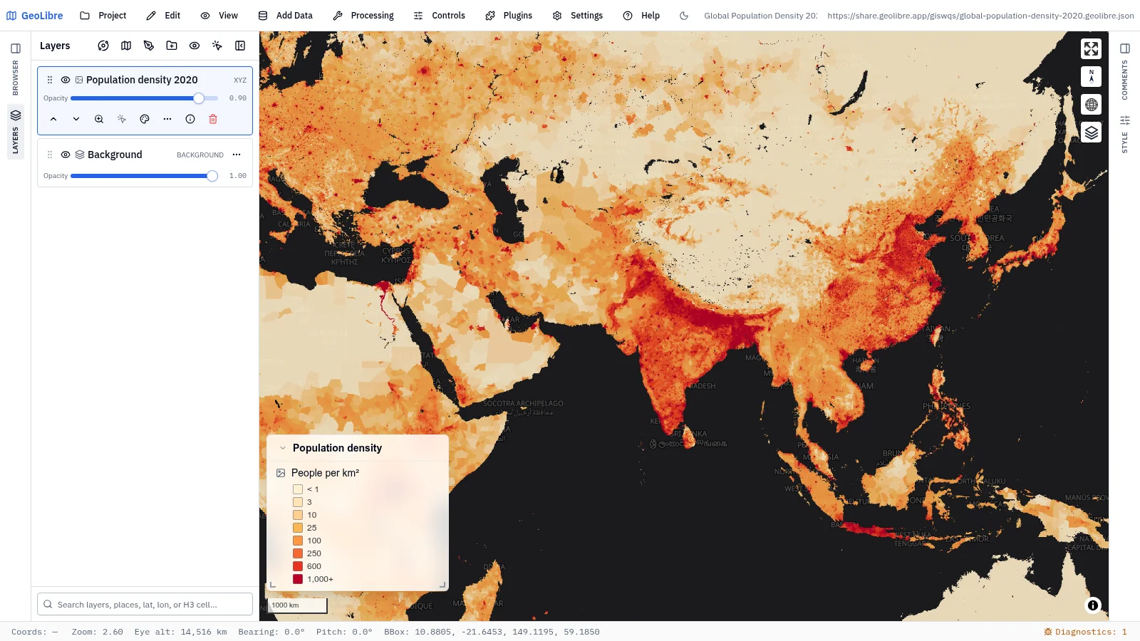 GeoLibre map: Global population density 2020