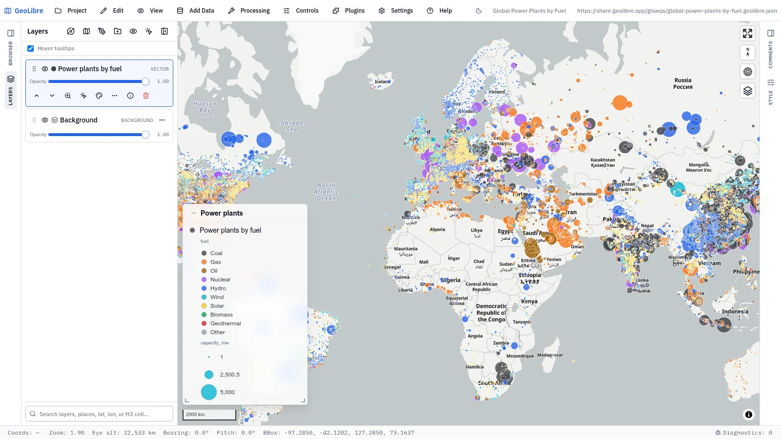 GeoLibre map: Global power plants by fuel