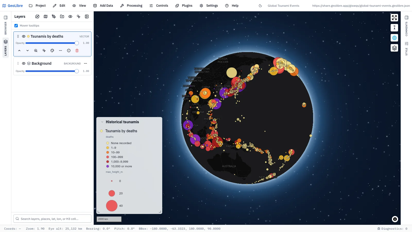 GeoLibre map: Global tsunami events