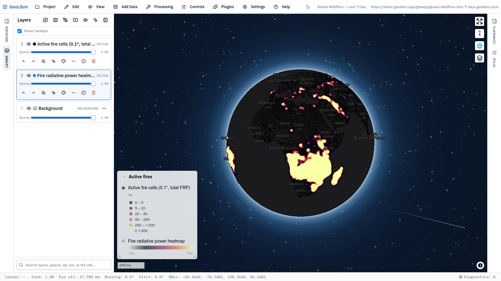GeoLibre map: Global wildfires, last 7 days